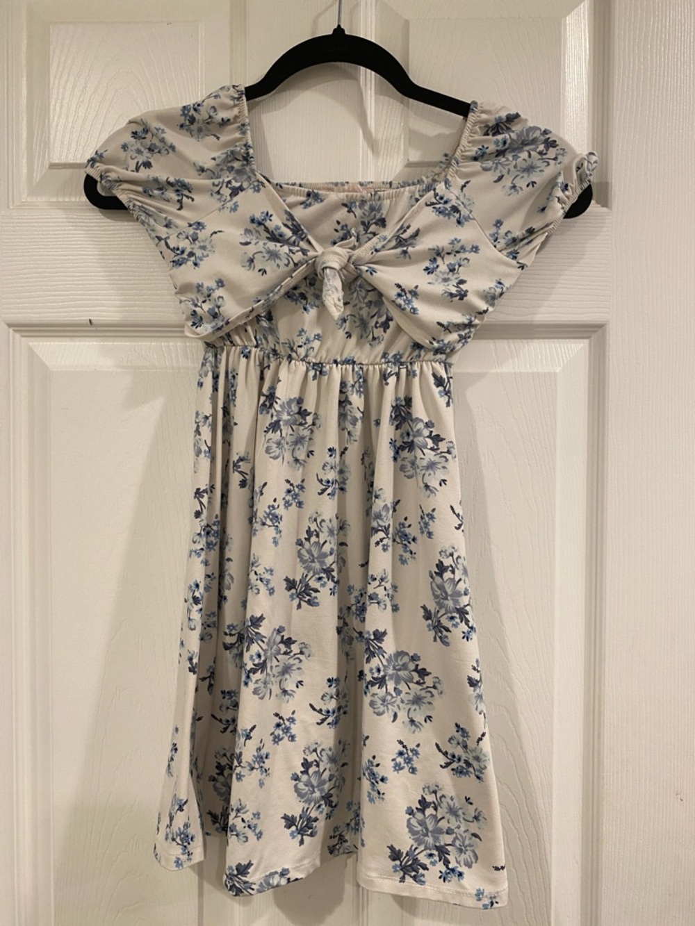 Girls Cream Floral Tie-Front Dress with Blue Print